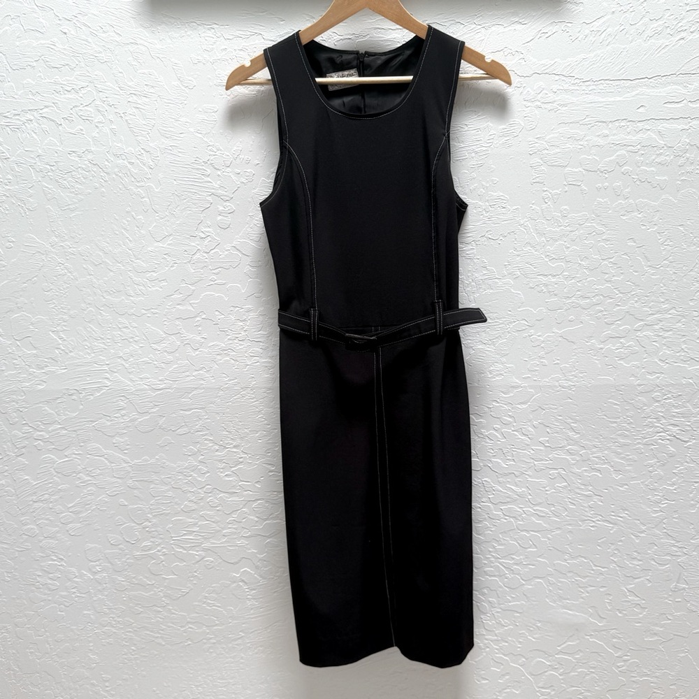 Vintage 60s mod Black Sheath Dress Pleated Skirt belted white thread detail Sz S